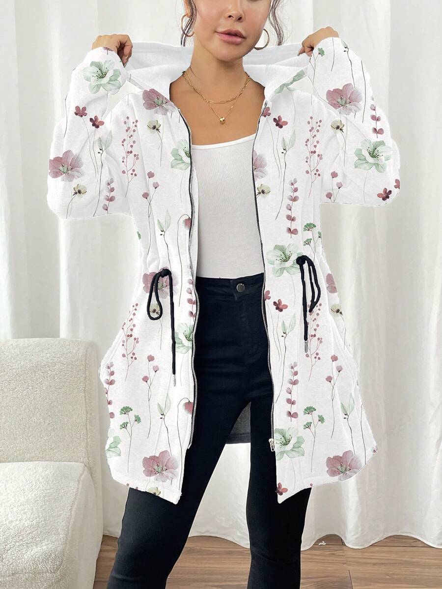 SHEIN LUNE Áo khoác hoodie thường ngày in họa tiết hoa toàn thân có khóa kéo toàn bộ phía trước dành cho nữ - Nhiều màu - Xem 1