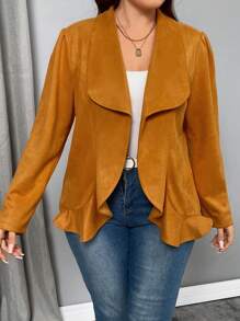 SHEIN Privé Plus Size Faux Suede Lapel Curved Hem Long Sleeve Jacket, Autumn Winter - Khaki - View 4