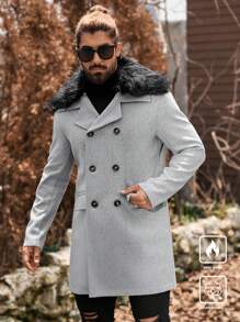 Manfinity Homme Men's Mid-Length Detachable Furry Collar Fall Winter Gary Overcoat, Old Money - Grey - View 8