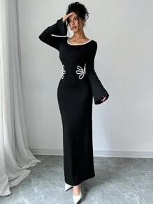 Firerie Women's Contrast Color Block Long Sleeve Dress, Color Blocking Trim - Black and White - View 6