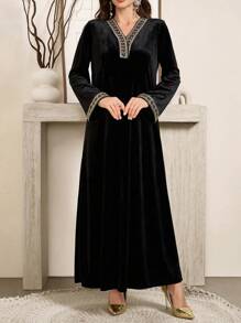 Al Najma Elegant Long Sleeve Velvet Modest Dress, Spring-Autumn 2024 New Arrival - Black - View 7