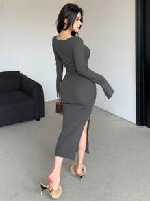 DAZY Women Square-Neck Solid Color High-Split Fitted Sweater Dress