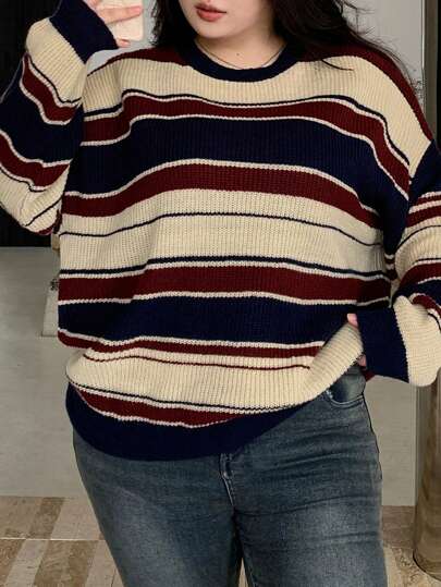 Dazy Plus Plus Size Women's Plus Size Striped Long Sleeve Loose Knitted Pullover Sweater, For Fall/Winter