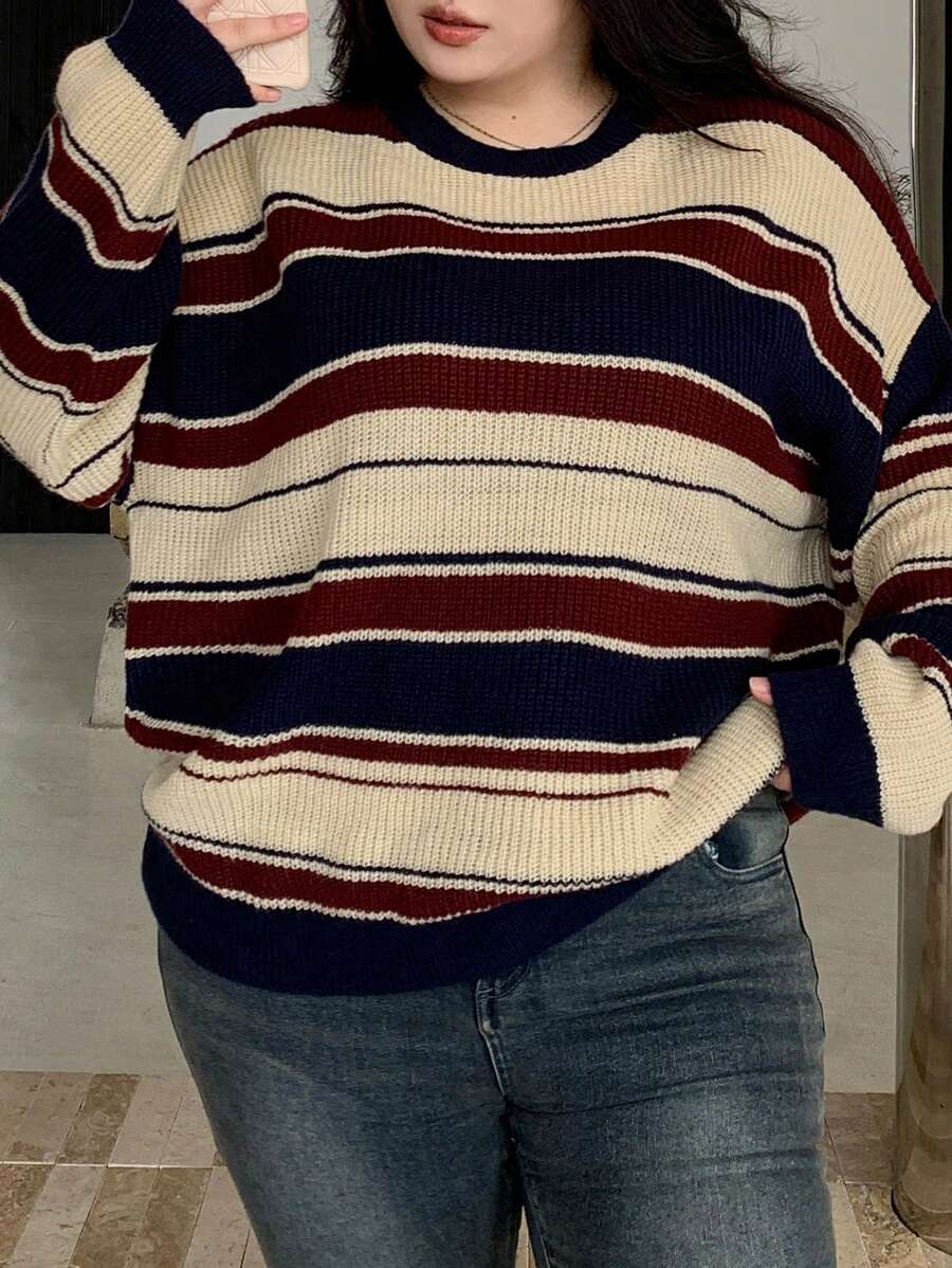 Dazy Plus Plus Size Women's Plus Size Striped Long Sleeve Loose Knitted Pullover Sweater, For Fall/Winter - Multicolor - View 1