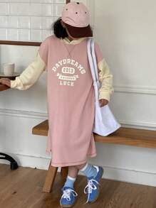 DAZY Tween Girl Hooded Straight Letter Print Knitted Dress,Back To School Clothes