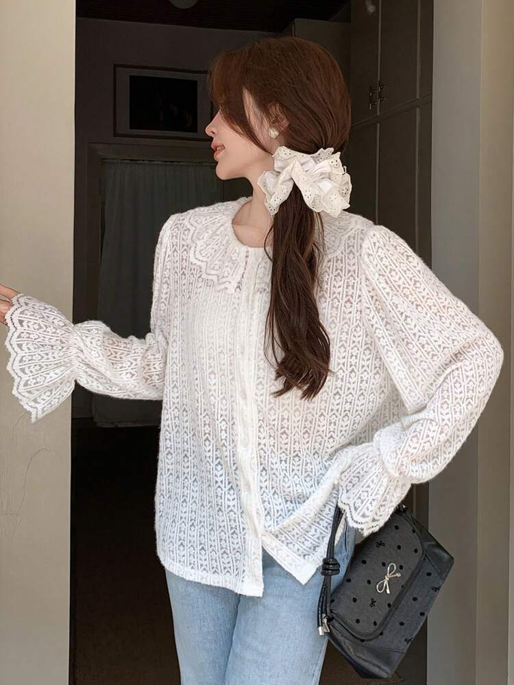 Women Loose Lace Trim Long Sleeve Blouse Top, Solid Color Going Out Tops,Ruffle,Fall Clothes