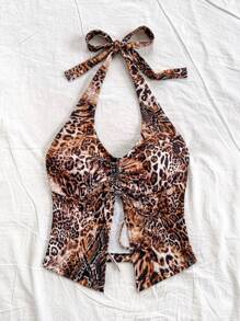 Soleia Women's Vacation Leopard Print Drawstring Ruched Front Tie Neck Camisole - Multicolor - View 5