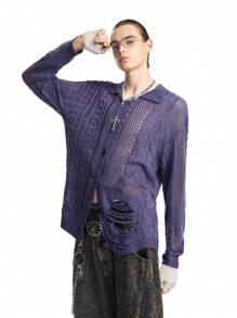 Manfinity VCAY 男士秋季时尚宽松长袖做旧镂空开衫，适合秋冬 - 紫色 - 查看 1