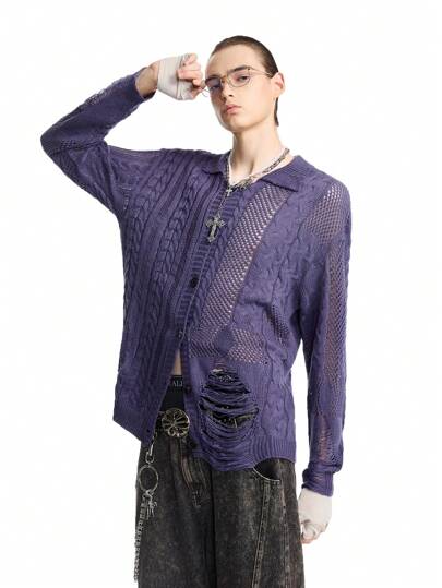 Manfinity VCAY 男士秋季时尚宽松长袖做旧镂空开衫，适合秋冬