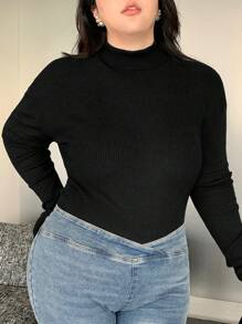 Dazy Plus 加大码纯色高领修身黑色秋季毛衣，适合冬季 - 黑色 - 查看 3