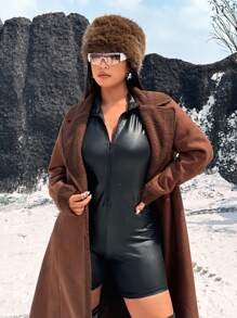 Flirla Plus Size Women's Casual Stand Collar Long Sleeve Long Coat For Winter