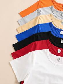 7pcs/Set Tween Boy Casual Crew Neck Solid Color Pullover Knit T-Shirts, School, Campus, College - Multicolor - View 3