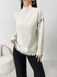 Mulvari Women Contrast Color Crew Neck Long Sleeve Casual Sweater - Apricot - View 2