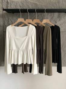 DAZY Women's Solid Color Square Collar Ruffle Hem Long Sleeve T-Shirt - Brown - View 3