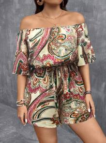 Breezaya Plus Size Ladies' Vintage Style Printed Off-Shoulder Jumpsuit