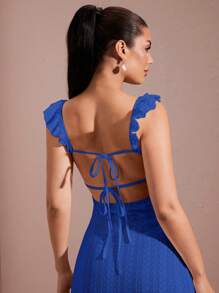 SHEIN BAE Váy ngắn hở lưng buộc dây thanh lịch hở lưng kết cấu ren móc khoét rỗng màu trắng gợi cảm - Xanh đậm - Xem 6