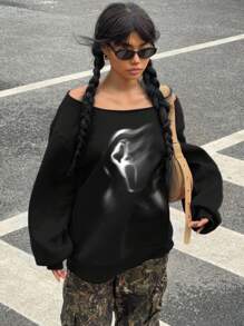 SHEIN EZwear 女式尖叫骷髅印花图案黑色休闲宽松露肩厚羊毛套头连帽运动衫，秋冬 - 黑色 - 查看 5