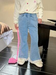 SHEIN Young Girl Patchwork Denim Flare Pants With Pockets And Frill Trim - Blue - View 8