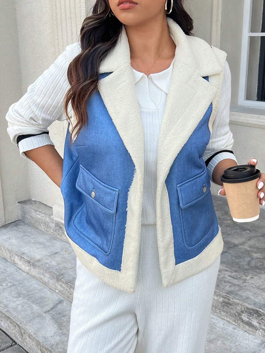 SHEIN Frenchy Plus Size Quente Sem Mangas Bolso Grande Casual Jaqueta Para Mulheres, Outono/Inverno - Azul - Ver 1