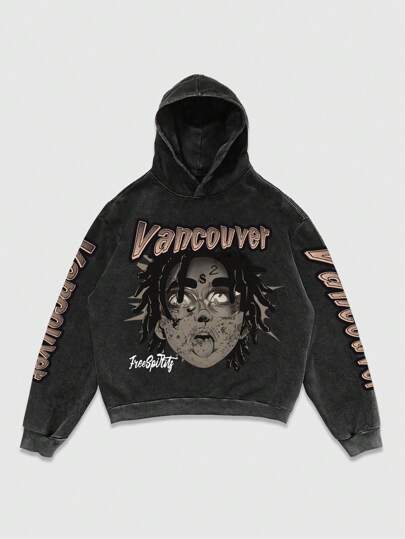 Street Life Men's Hooded Sweatshirt With Letter & Cartoon Graphic Print, Fashion