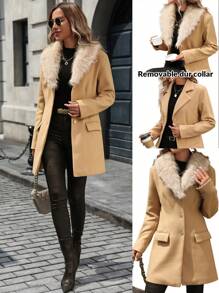 SHEIN Clasi 纯色长袖前扣口袋优雅修身羊毛混纺外套冬季女装 - 棕色 - 查看 1