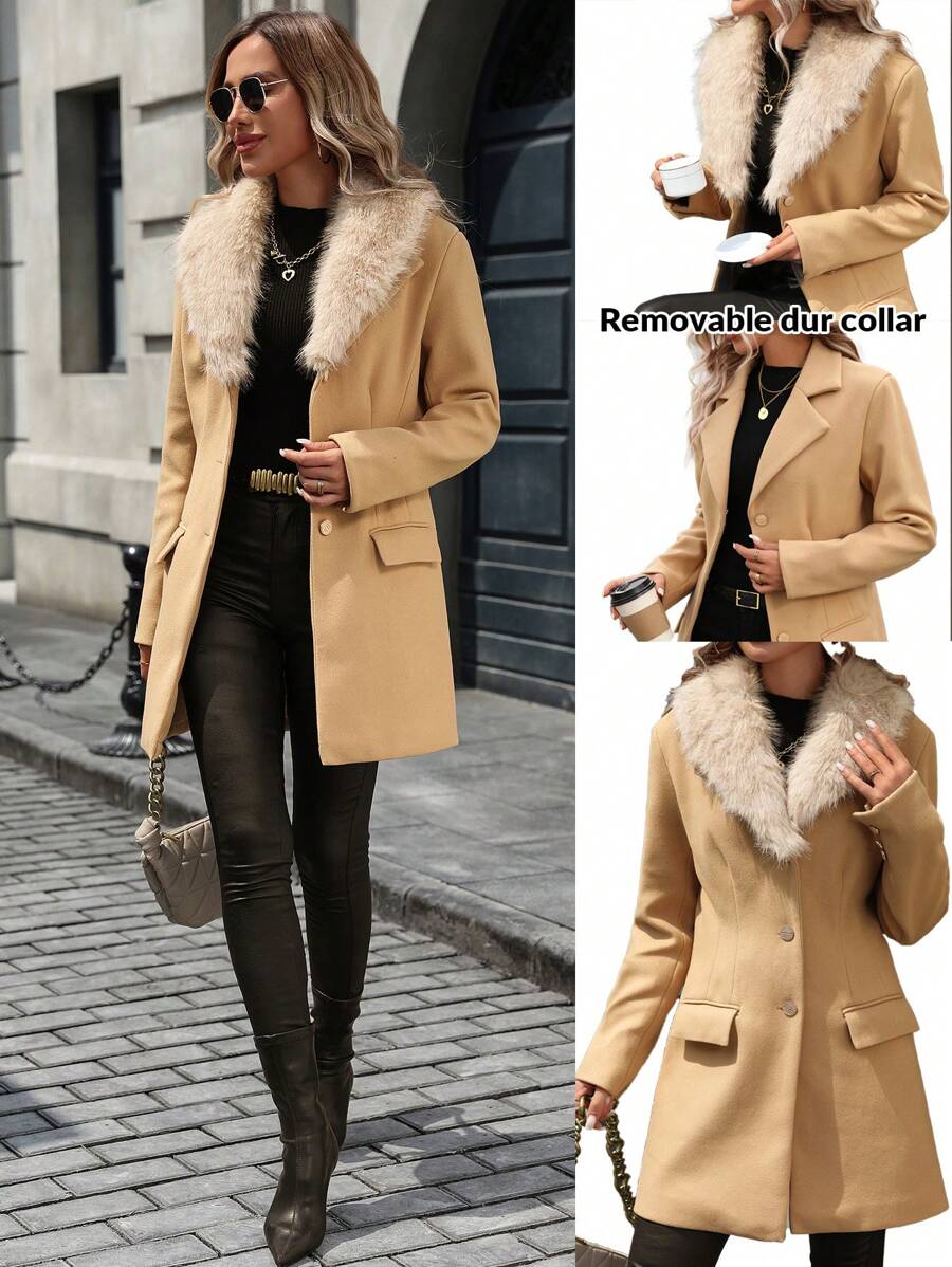 SHEIN Clasi 纯色长袖前扣口袋优雅修身羊毛混纺外套冬季女装 - 棕色 - 查看 1