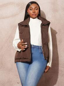 SHEIN SXY Plus Size Stand Collar Padded Vest In Solid Color, Casual Autumn/Winter - Coffee Brown - View 6