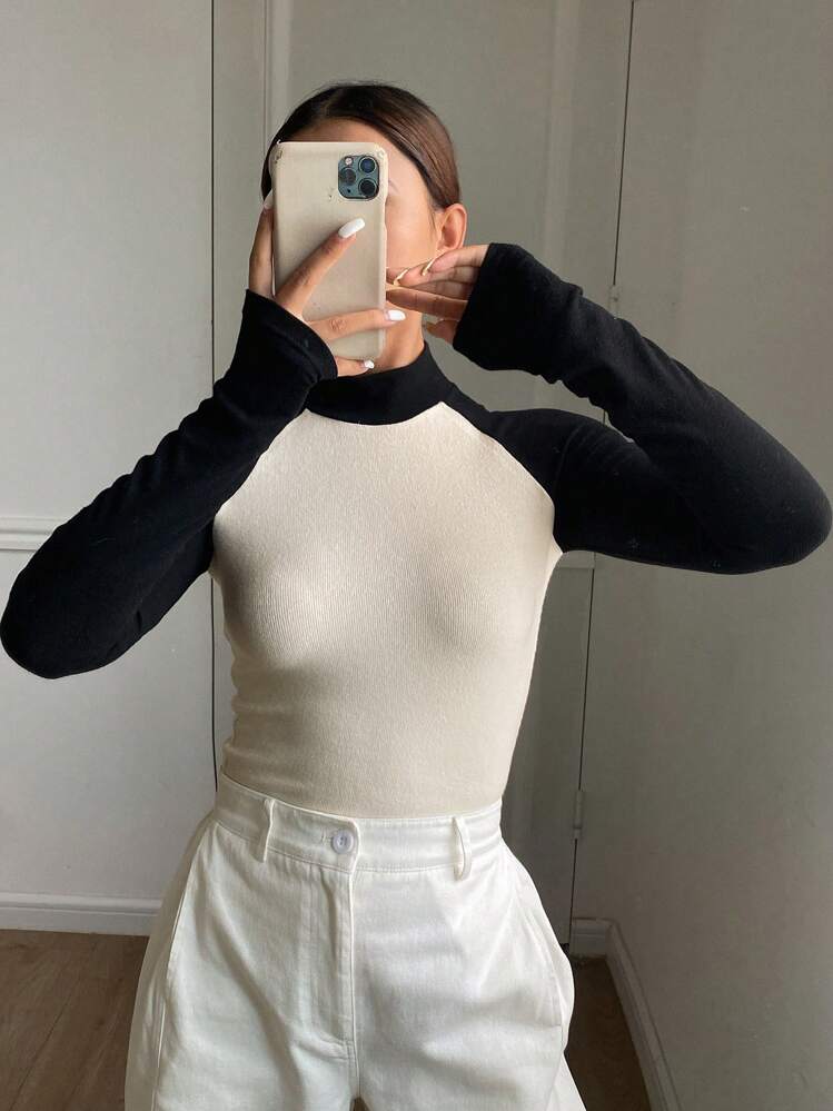 Livesso Camiseta ajustada de mujer de cuello alto y manga larga con bloques de color, ropa de otoño, ropa de vuelta al colegio - Gris - Añade 6