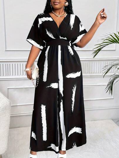 Maweii Plus Size Dam Elegant Svart & Vit Kontrastfärg Blommönster Korsad V-ringad Kortärmad Jumpsuit med vida ben, för sommaren
