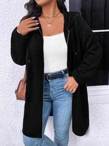 SHEIN LUNE 加大码纯色长袖前拉链简约连帽外套，休闲日常穿着 - 黑色 - 查看 7