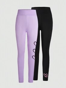 Sparklyn Set de 2 piezas de leggings para niñas preadolescentes, estampado de corazones negro y rosa, cómodos y versátiles para uso casual - Multicolor - Ver 3