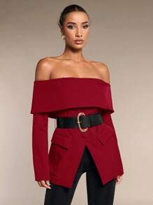 SHEIN BAE 女士时尚露肩西装外套 含腰带 露肩冬季女士外套 商务女装 冬季女装 职业上衣 冬季女士服装 女士西装外套 - 酒紅色 - 查看 6