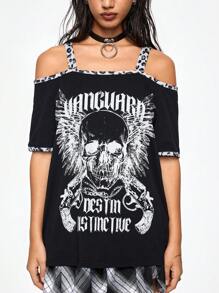 ROMWE Camiseta holgada para mujer de 2 en 1 con estampado de calavera y letras fuera del hombro