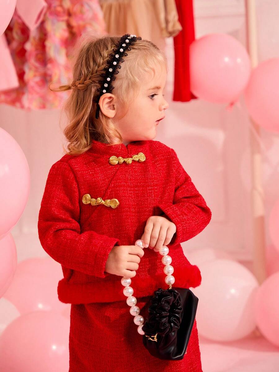 SHEIN Baby Girl Chinese Style Fluffy Retro Button Decorated Hanfu Half Body Skirt Set