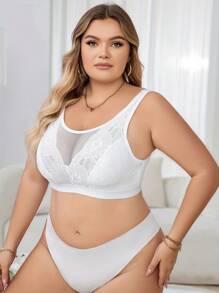 3pcs/Set Wireless Plus Size Lace Bras, Lingerie - White - View 3