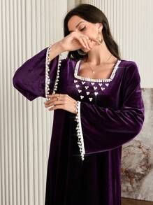 Al Najma Women's Faux Pearl Decor Square Neck Bell Sleeve Elegant Arabian Dress, Elegant Modest Long Sleeve A Line Arabian Dresses, For Evening Party/Wedding Guest/Anniversary - Purple - View 3