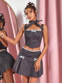 SHEIN SXY Bộ 2 áo crop top ren chấm bi gợi cảm và chân váy mini cho nữ - Nhiều màu - Xem 4