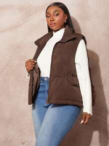 SHEIN SXY Plus Size Stand Collar Padded Vest In Solid Color, Casual Autumn/Winter - Coffee Brown - View 5