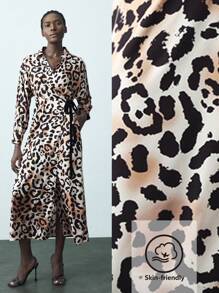 Maija Vestido elegante de manga larga con escote en V, impresión de leopardo y cinturón en la cintura para mujer, vestido con estampado de guepardo - Marrón - Ver 1