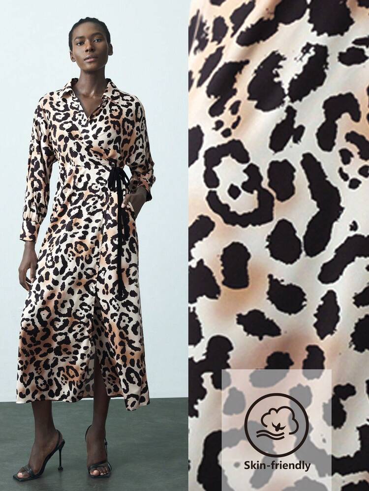 SHEIN Maija Women's V-Neck Long Sleeve Leopard Print Belted Waist Elegant Dress Cheetah Animal Print Dress