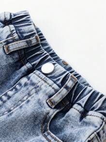Babymeisjes Nieuwe Mode Roze Strik Geborduurde Gewassen Denim Taps Toelopende Broek - Medium gebleekt - Bekijken 8