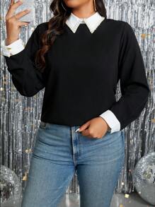 SHEIN Clasi Blusa de manga larga con cuello vuelto de color de contraste para mujeres de talla grande - Blanco y Negro - Ver 6