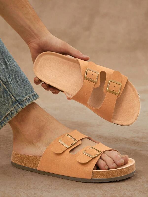 SHUZIA Bestseller Men's Brown Comfort Classic Cork Footbed Sandals- Slides With Adjustable Buckle Straps