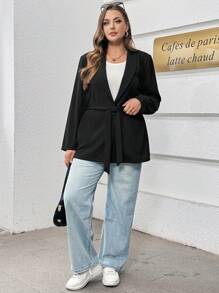 SHEIN Essnce Plus Size Dames Herfst En Winter Mode Casual Basic Strik Taille Zwart Slanke Pak Jas, Herfst Dames Kleding, Blazer, Kantoorkleding, Herfstjassen, Zakelijke Casual Dames