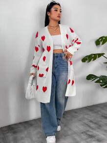 Calvaya Plus Size Heart Pattern Pocket Design Casual Long Sleeve Cardigan - Baby Pink - View 5