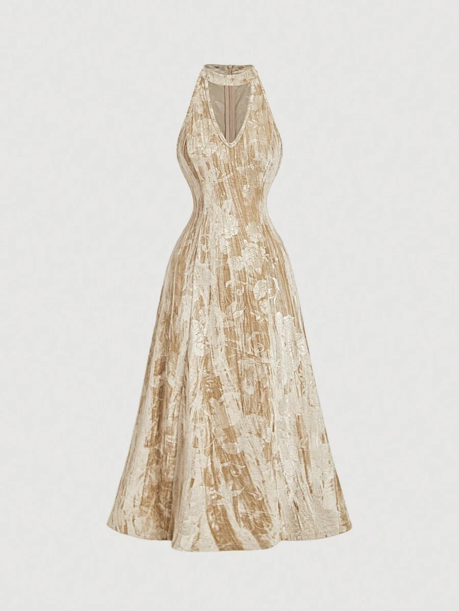 SHEIN MOD 女士优雅棕褐色天鹅绒压花紧身连衣裙、中式立领、秋冬连衣裙、西式、、音乐会、礼服、外出 - 卡其色 - 查看 1