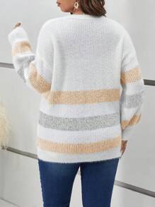 SHEIN Frenchy 大码女式撞色针织开衫，长袖