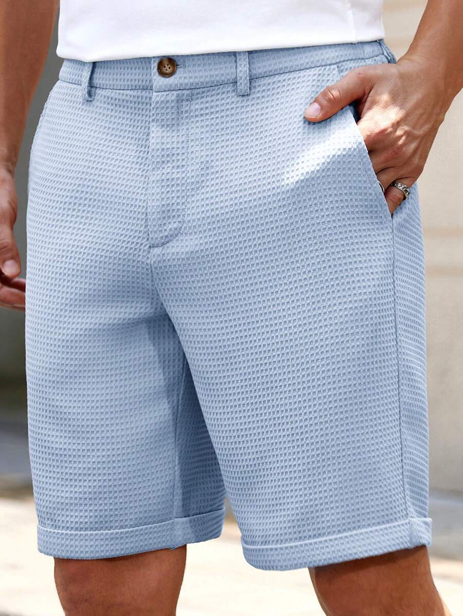 HIMLAND 男士纯色梭织中腰直筒休闲短裤，适合春夏季，老款 - 淺藍色 - 查看 1