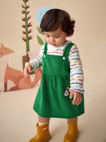 SHEIN Outfit da 2 pezzi per bimba: Blusa con colletto arricciato a righe colorate e maniche a palloncino + Grembiule in velluto a coste con ricamo animale a linea A, Set casual autunnale - Verde - Visualizzare 3