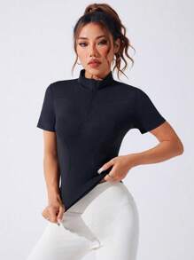 SHEIN Sport Studio Camisa tipo polo deportiva de mujer con media cartera con cremallera y manga corta de unicolor